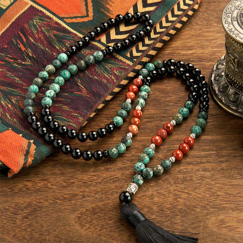 Buddha Stones 108 Mala Natural Black Onyx Red Jasper Turquoise Beads Buddha Head Tassel Protection Bracelet