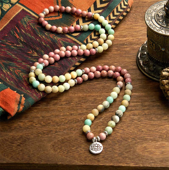 Buddha Stones 108 Mala Rhodonite Amazonite Beads Lotus Compassion Bracelet