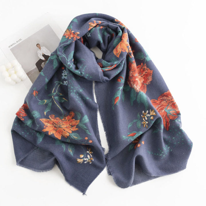 Buddha Stones Tibetan Multiflora Rose Print Pattern Design Shawl Fall Winter Cozy Warm Scarf Wrap - SteelBlue 190*65cm - image 3