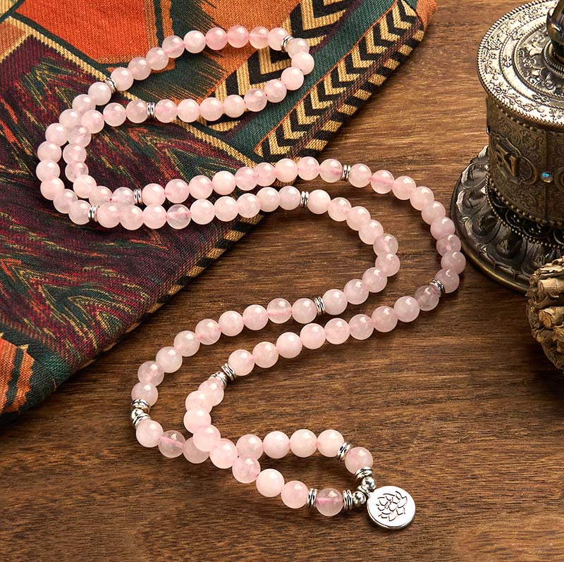 Buddha Stones 108 Mala Beads Natural Stone Rose Quartz Lotus Peace Bracelet