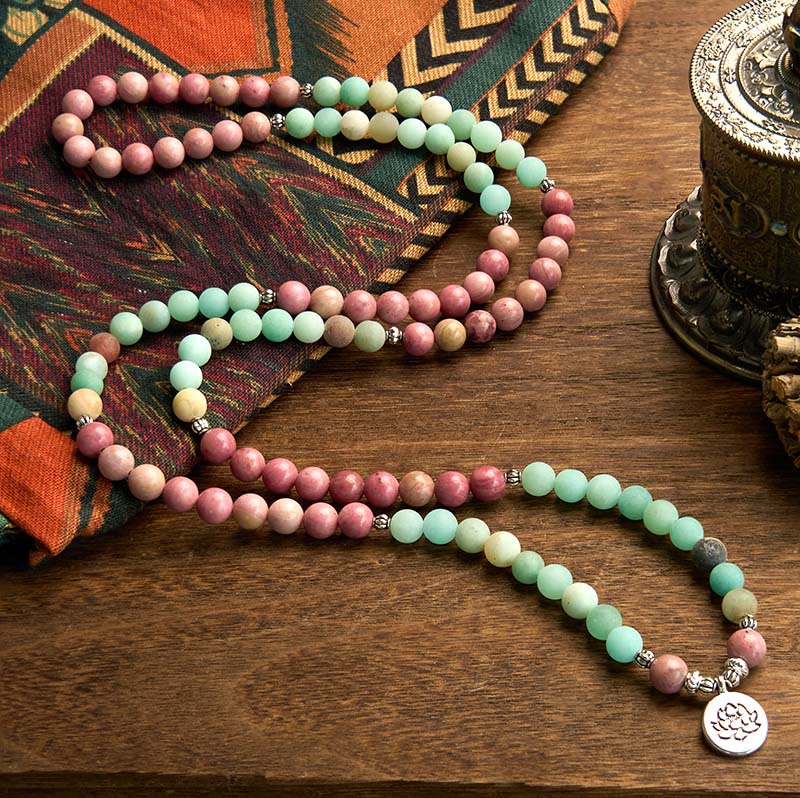 Buddha Stones 108 Mala Beads Rhodonite Amazonite Lotus Healing Bracelet