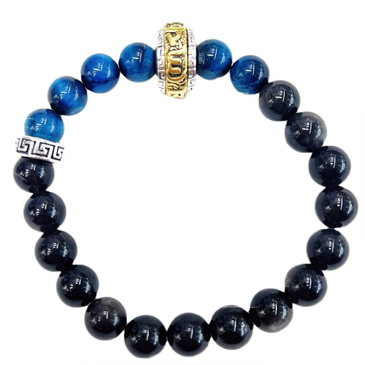 Buddha Stones Silver Sheen Obsidian Blue Tiger Eye Protection Bracelet