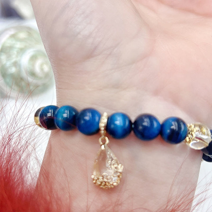 Buddha Stones Blue Tiger Eye White Crystal Water Drop Strength Bracelet