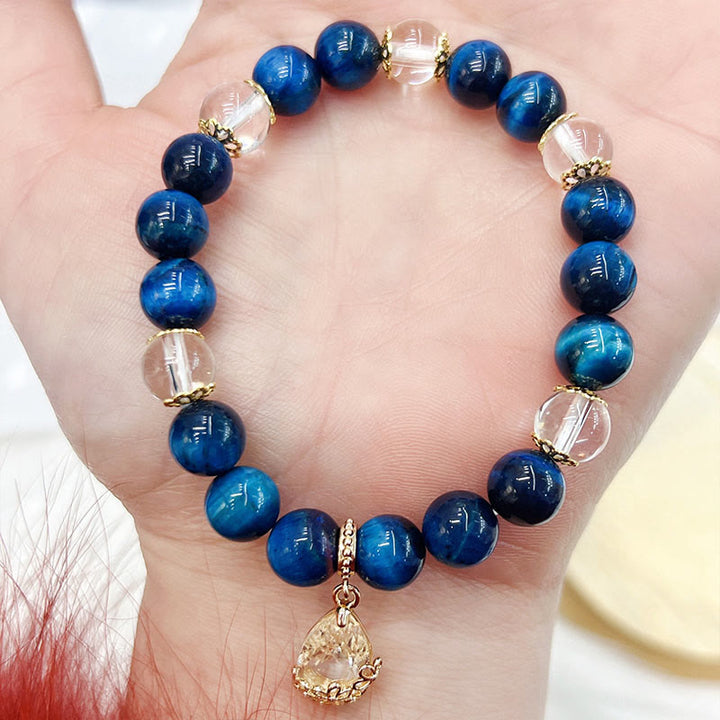 Buddha Stones Blue Tiger Eye White Crystal Water Drop Strength Bracelet