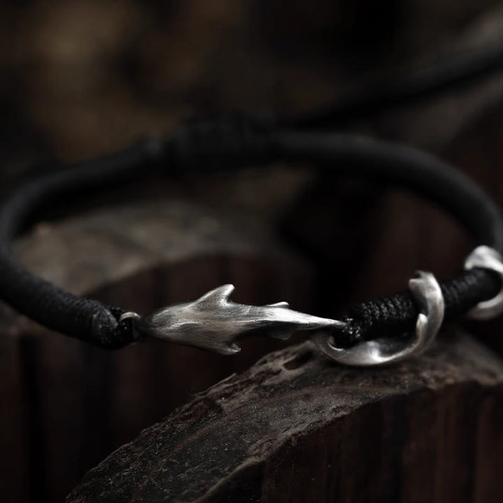 Buddha Stones 999 Sterling Silver Shark Black Wax Rope Protection Bracelet - 999 Sterling Silver Wax Rope(Wrist Circumference: 13-22cm) - image 0
