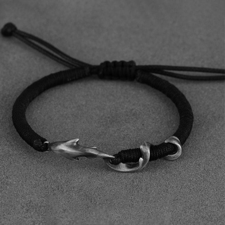 Buddha Stones 999 Sterling Silver Shark Black Wax Rope Protection Bracelet