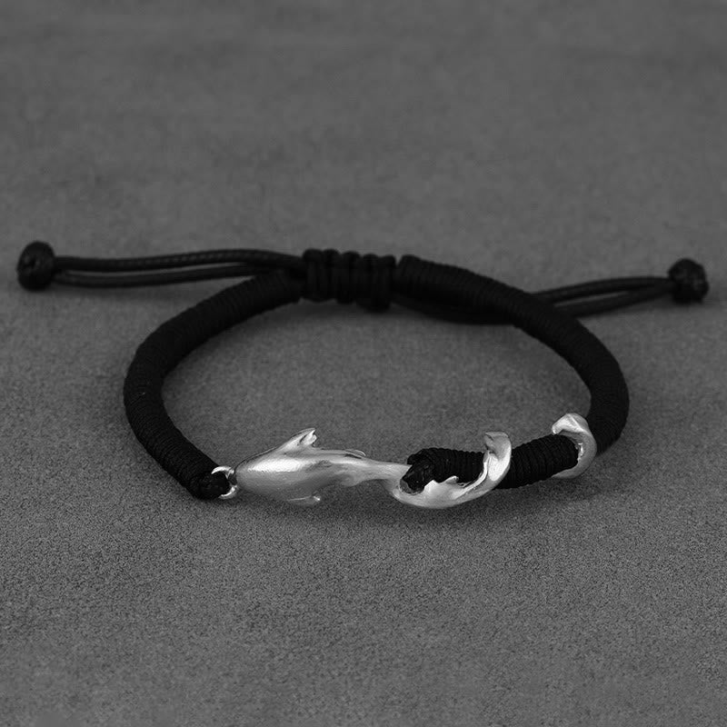 Buddha Stones 999 Sterling Silver Shark Black Wax Rope Protection Bracelet