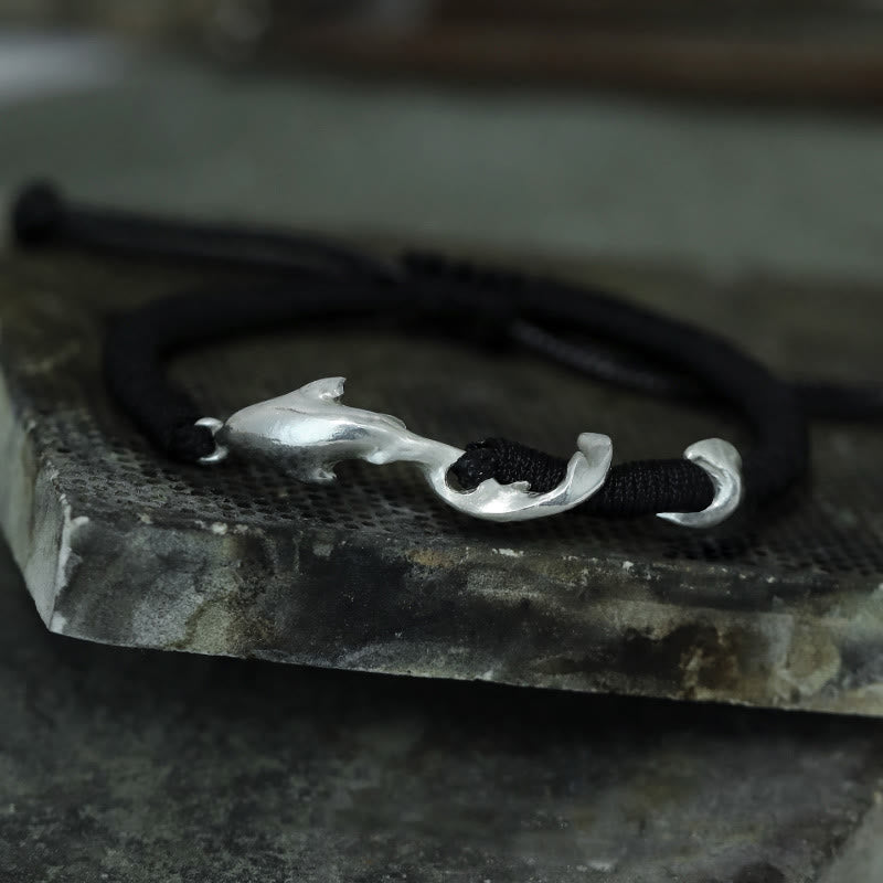 Buddha Stones 999 Sterling Silver Shark Black Wax Rope Protection Bracelet - image 17