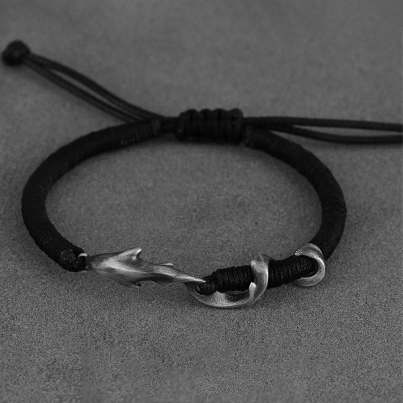 Buddha Stones 999 Sterling Silver Shark Black Wax Rope Protection Bracelet - image 1