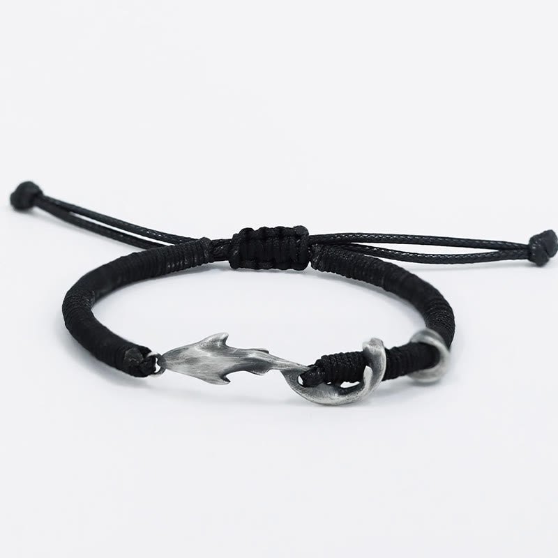 Buddha Stones 999 Sterling Silver Shark Black Wax Rope Protection Bracelet - image 2