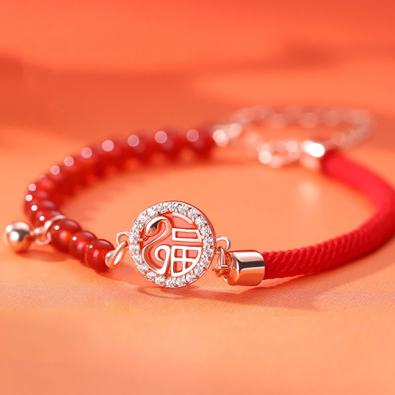 Buddha Stones 999 Sterling Silver Year of the Snake Natural Red Agate Fu Character Confidence Bracelet Necklace Pendant Earrings