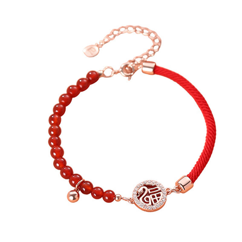 Buddha Stones 999 Sterling Silver Year of the Snake Natural Red Agate Fu Character Confidence Bracelet Necklace Pendant Earrings