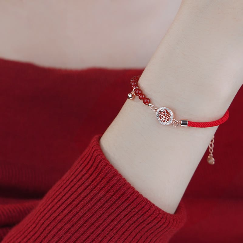 Buddha Stones 999 Sterling Silver Year of the Snake Natural Red Agate Fu Character Confidence Bracelet Necklace Pendant Earrings