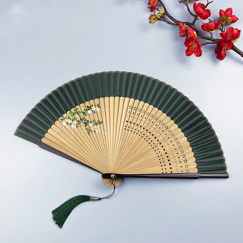 Buddha Stones Flower Rabbit Spray Painting Handheld Cotton Linen Fabric Bamboo Folding Fan