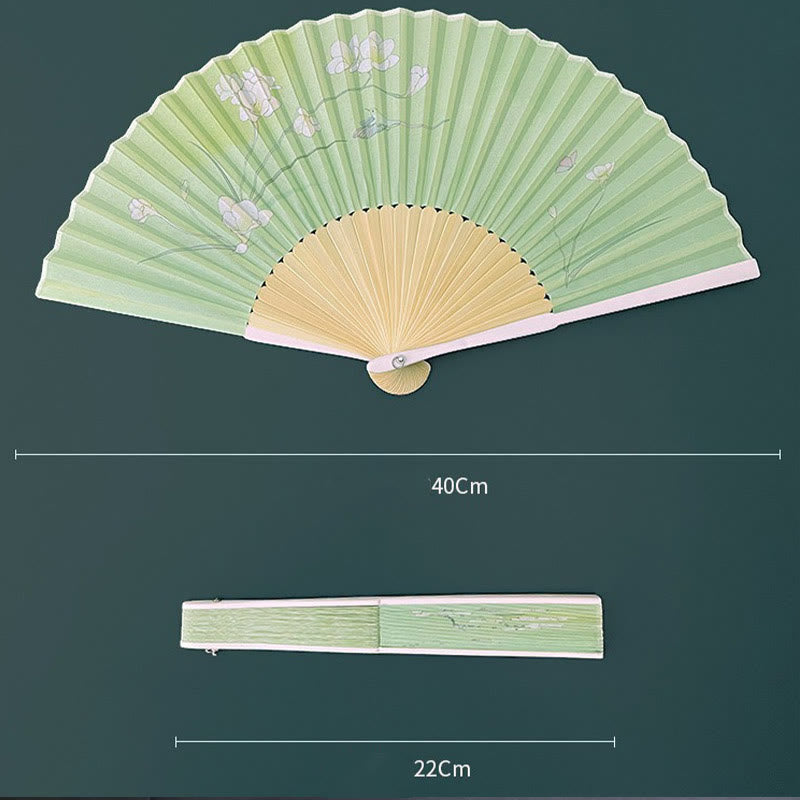 Buddha Stones Orchid Begonia Flower Handheld Cotton Linen Fabric Bamboo Folding Fan