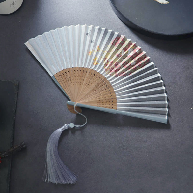 Buddha Stones Gardenia Cherry Blossom Moon Handheld Polyester Bamboo Folding Fan 21cm