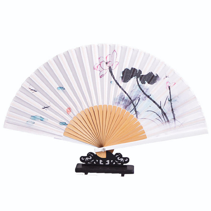 Buddha Stones Chinese Characters Ink Painting Lotus Flower Leaf Landscape Handheld Huayao Crepe Polyester Bamboo Folding Fan 23.3cm