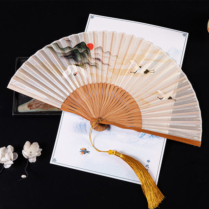 Buddha Stones Cranes Auspicious Clouds Solid Color Gradient Handheld Bamboo Folding Fan - Sunset Crane White 21cm - image 1