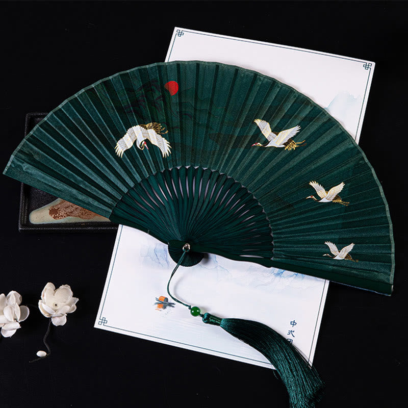 Buddha Stones Cranes Auspicious Clouds Solid Color Gradient Handheld Bamboo Folding Fan - Dark Green Sunset Crane 21cm - image 0