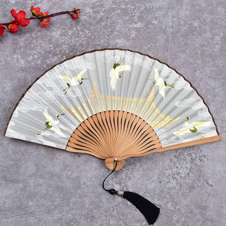 Buddha Stones Cranes Auspicious Clouds Solid Color Gradient Handheld Bamboo Folding Fan - Crane Cloud White 21cm - image 8