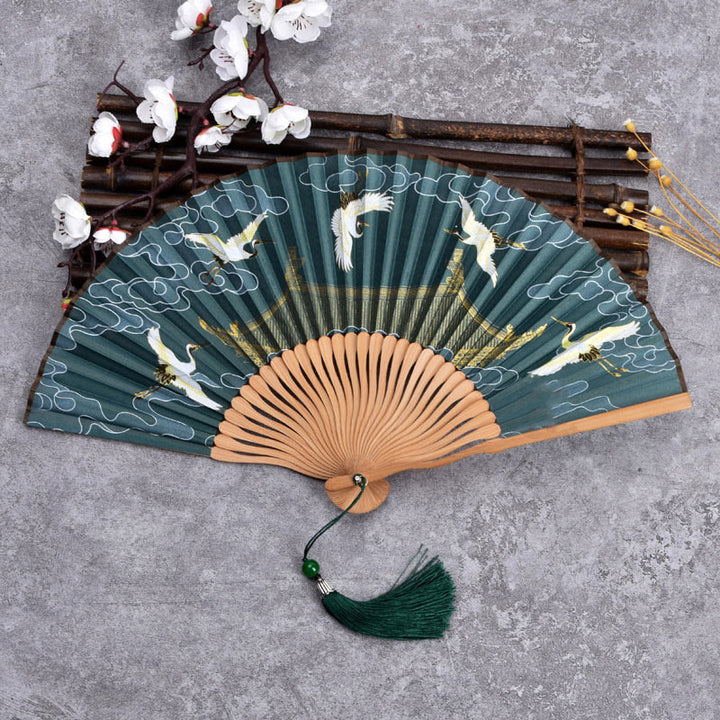 Buddha Stones Cranes Auspicious Clouds Solid Color Gradient Handheld Bamboo Folding Fan - Crane Cloud Dark Green 21cm - image 4