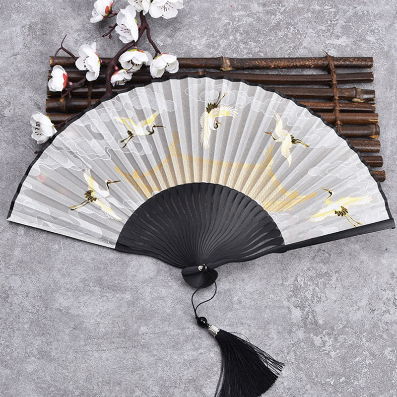 Buddha Stones Cranes Auspicious Clouds Solid Color Gradient Handheld Bamboo Folding Fan - Crane Cloud Black 21cm - image 9