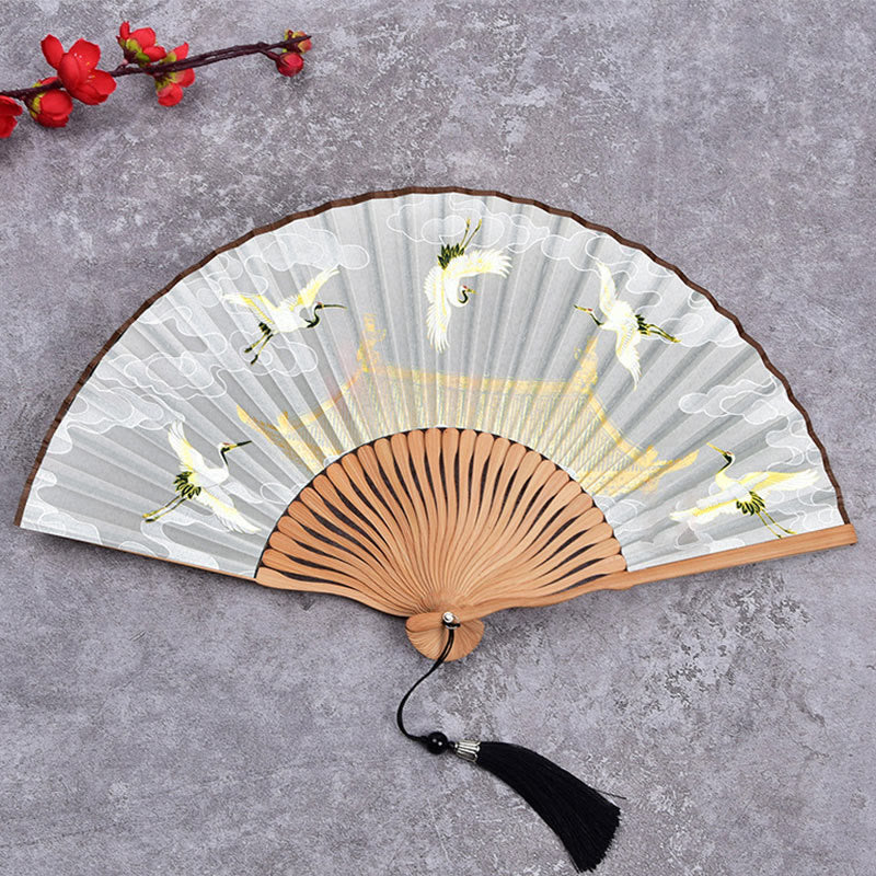 Buddha Stones Cranes Auspicious Clouds Solid Color Gradient Handheld Cotton Linen Fabric Bamboo Folding Fan