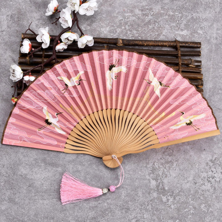 Buddha Stones Cranes Auspicious Clouds Solid Color Gradient Handheld Cotton Linen Fabric Bamboo Folding Fan