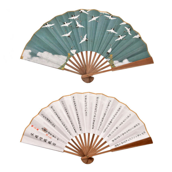 Buddha Stones Cranes Auspicious Clouds Solid Color Gradient Handheld Cotton Linen Fabric Bamboo Folding Fan