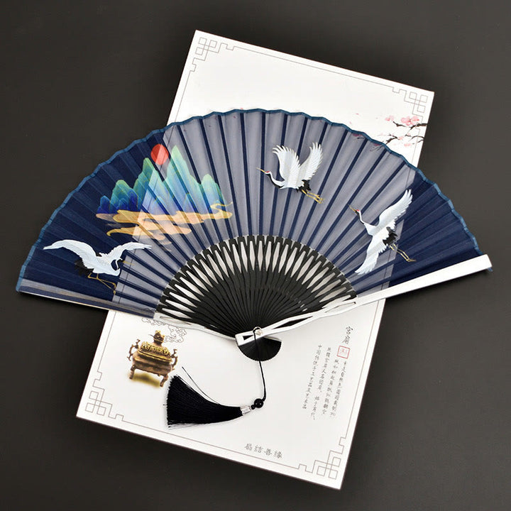 Buddha Stones Cranes Auspicious Clouds Solid Color Gradient Handheld Bamboo Folding Fan - Painted Crane 21cm - image 13