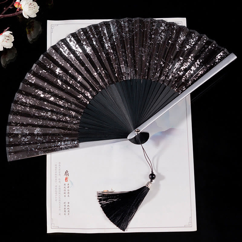 Buddha Stones Cranes Auspicious Clouds Solid Color Gradient Handheld Bamboo Folding Fan - Black Silver 22cm - image 15