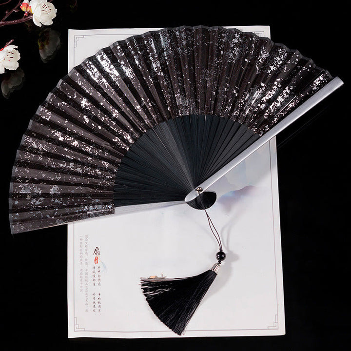Buddha Stones Cranes Auspicious Clouds Solid Color Gradient Handheld Bamboo Folding Fan - Black Silver 22cm - image 15