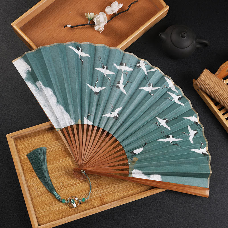 Buddha Stones Cranes Auspicious Clouds Solid Color Gradient Handheld Bamboo Folding Fan - Brown Crane 30cm - image 16