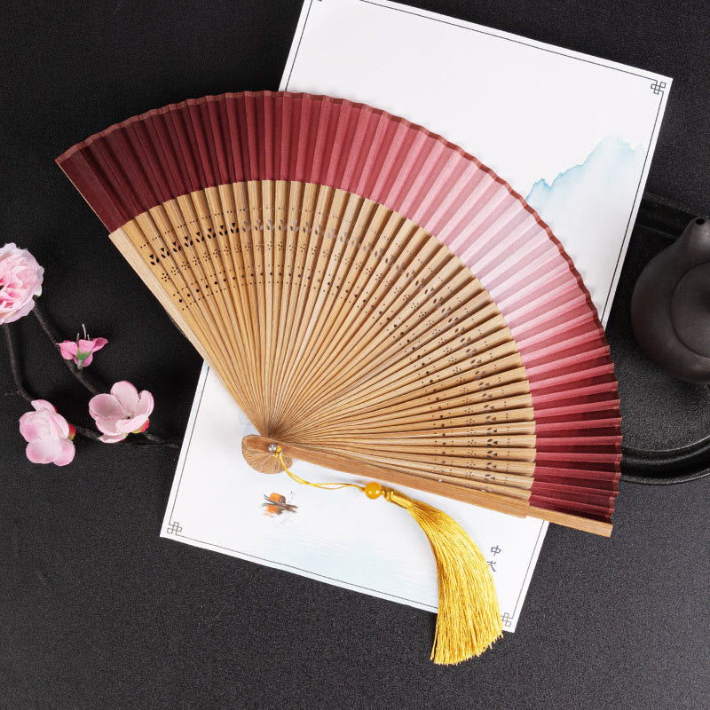 Buddha Stones Cranes Auspicious Clouds Solid Color Gradient Handheld Cotton Linen Fabric Bamboo Folding Fan