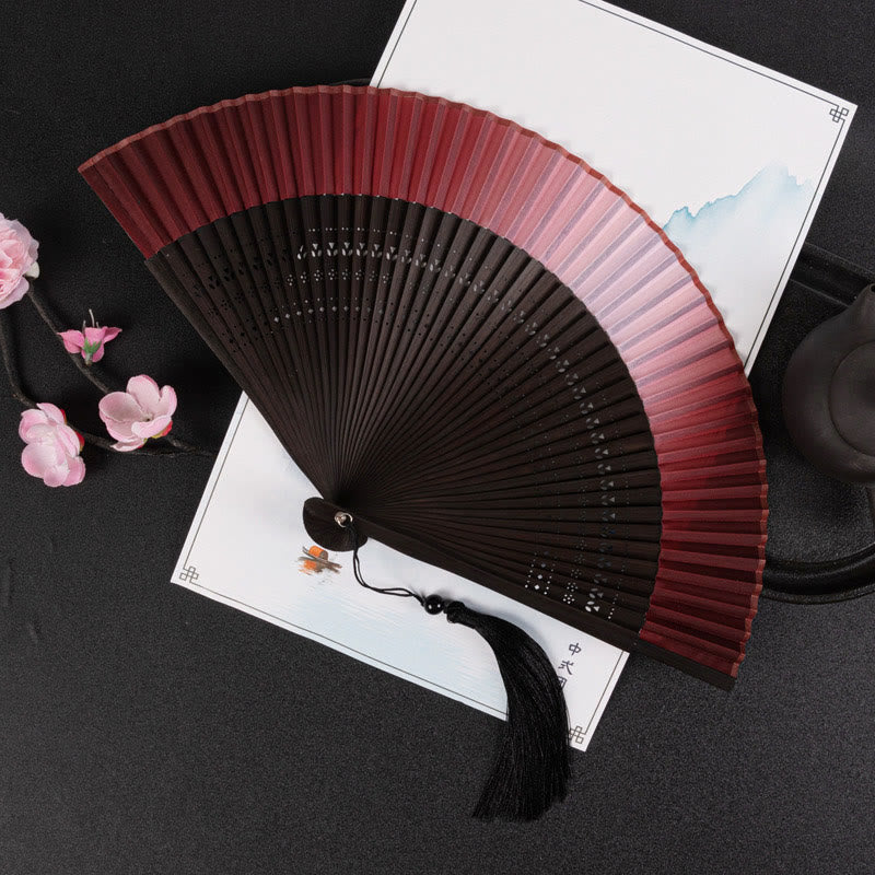 Buddha Stones Cranes Auspicious Clouds Solid Color Gradient Handheld Bamboo Folding Fan - Red Gradient 21cm - image 18
