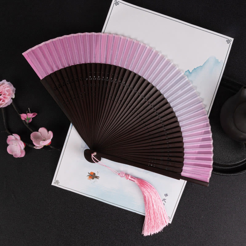 Buddha Stones Cranes Auspicious Clouds Solid Color Gradient Handheld Bamboo Folding Fan - Pink Gradient 21cm - image 21