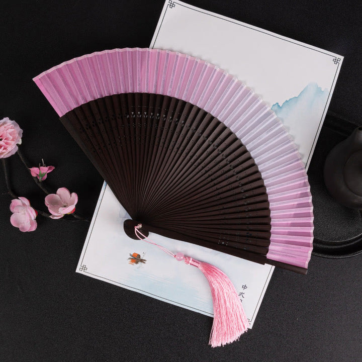 Buddha Stones Cranes Auspicious Clouds Solid Color Gradient Handheld Bamboo Folding Fan - Pink Gradient 21cm - image 21