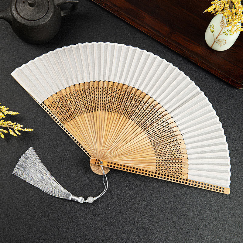 Buddha Stones Cranes Auspicious Clouds Solid Color Gradient Handheld Cotton Linen Fabric Bamboo Folding Fan