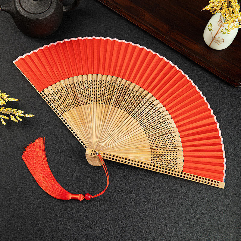 Buddha Stones Cranes Auspicious Clouds Solid Color Gradient Handheld Cotton Linen Fabric Bamboo Folding Fan