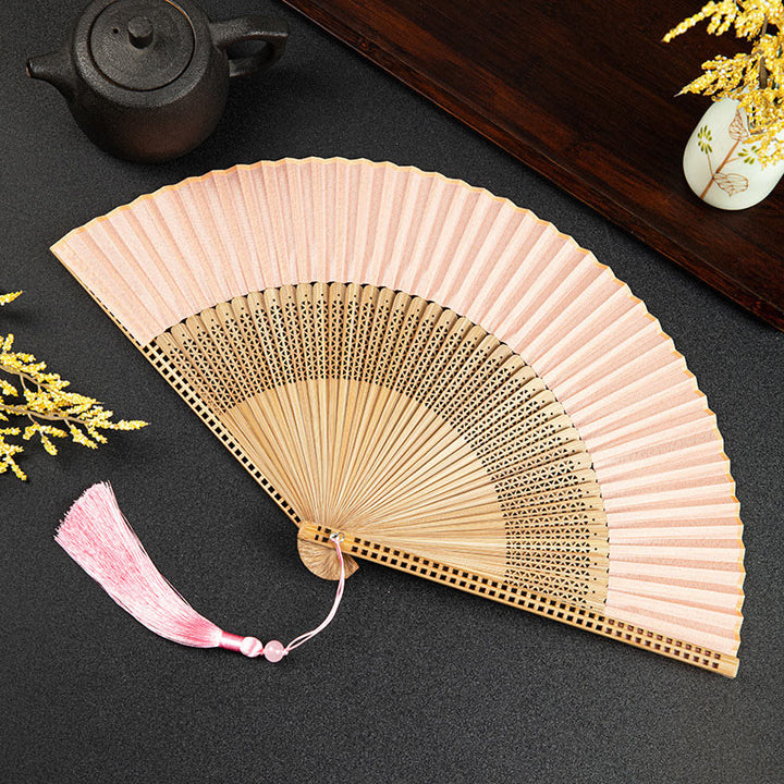 Buddha Stones Cranes Auspicious Clouds Solid Color Gradient Handheld Cotton Linen Fabric Bamboo Folding Fan