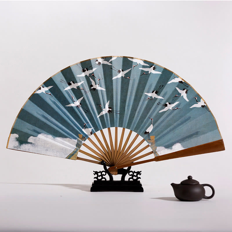 Buddha Stones Cranes Auspicious Clouds Solid Color Gradient Handheld Bamboo Folding Fan - image 11
