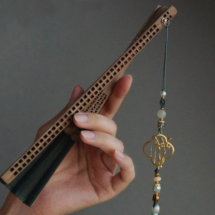 Buddha Stones Dark Green Tassel Hollow Rib Silk Handheld Bamboo Folding Fan - image 16