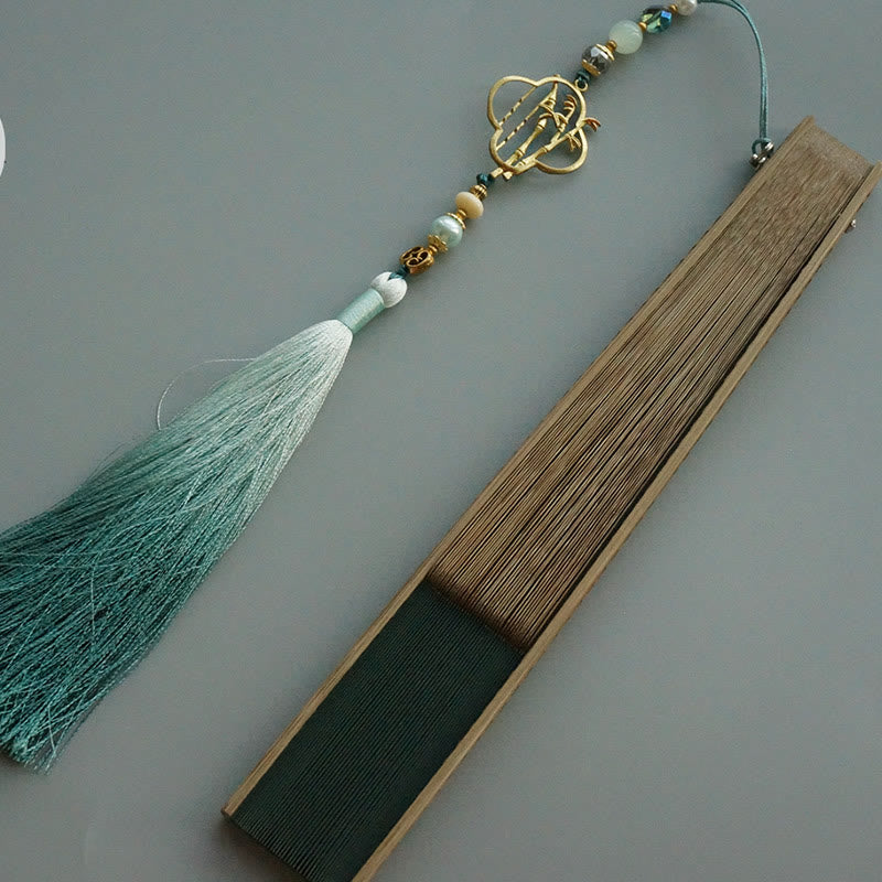 Buddha Stones Dark Green Tassel Hollow Rib Silk Handheld Bamboo Folding Fan - image 6