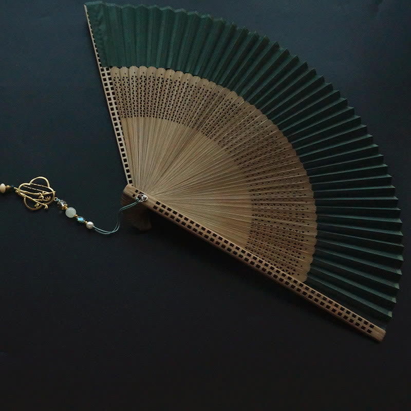 Buddha Stones Dark Green Tassel Hollow Rib Silk Handheld Bamboo Folding Fan - image 4