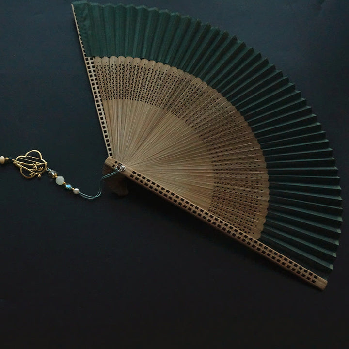 Buddha Stones Dark Green Tassel Hollow Rib Silk Handheld Bamboo Folding Fan - image 4