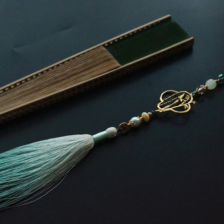 Buddha Stones Dark Green Tassel Hollow Rib Silk Handheld Bamboo Folding Fan - image 12