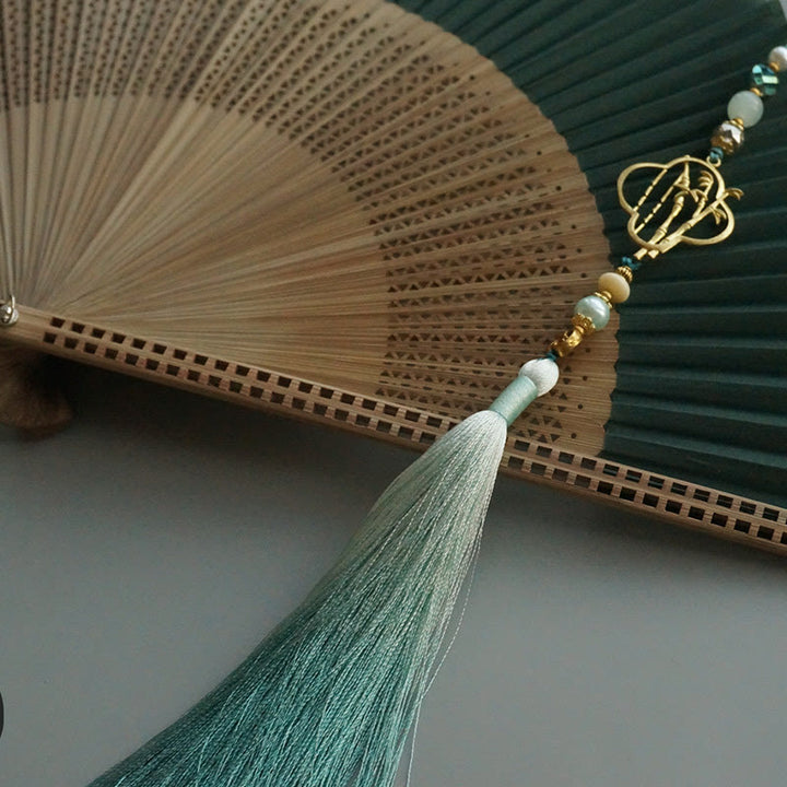 Buddha Stones Dark Green Tassel Hollow Rib Silk Handheld Bamboo Folding Fan - image 15