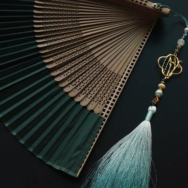 Buddha Stones Dark Green Tassel Hollow Rib Silk Handheld Bamboo Folding Fan - image 14