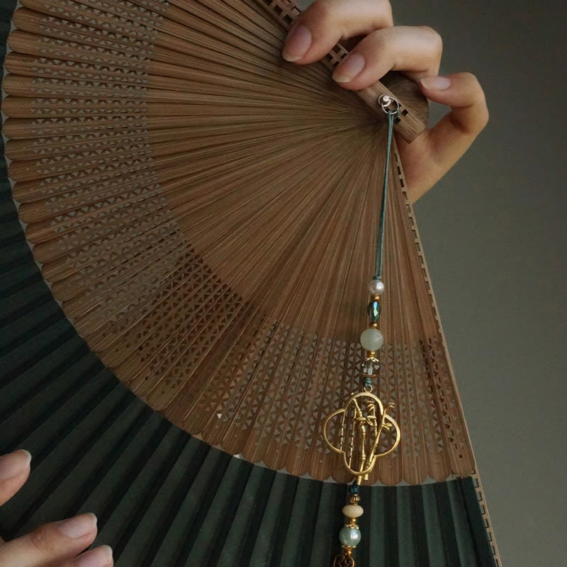 Buddha Stones Dark Green Tassel Hollow Rib Silk Handheld Bamboo Folding Fan - image 18