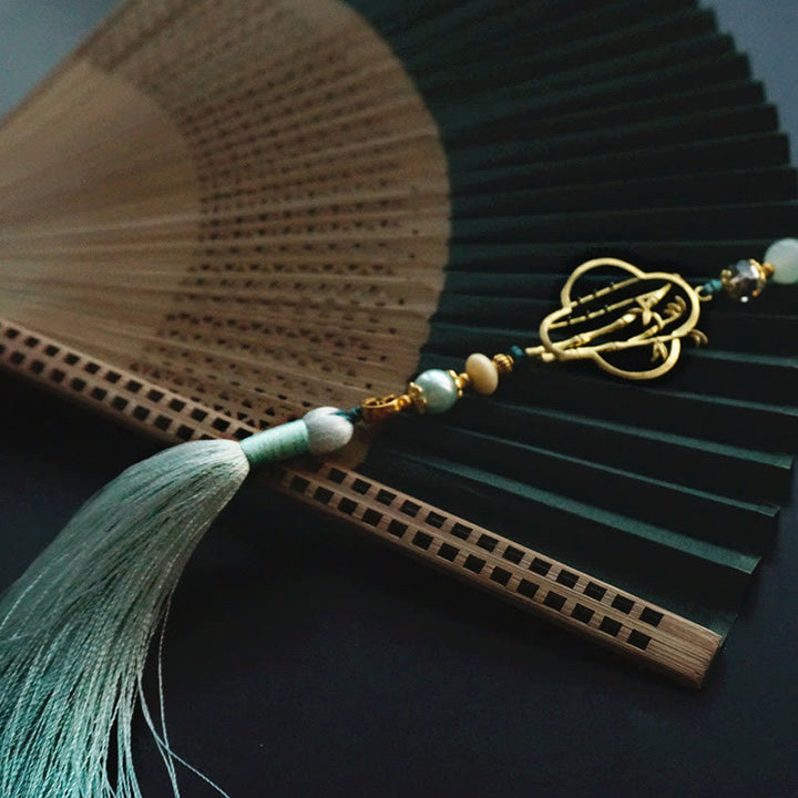 Buddha Stones Dark Green Tassel Hollow Rib Silk Handheld Bamboo Folding Fan - image 9